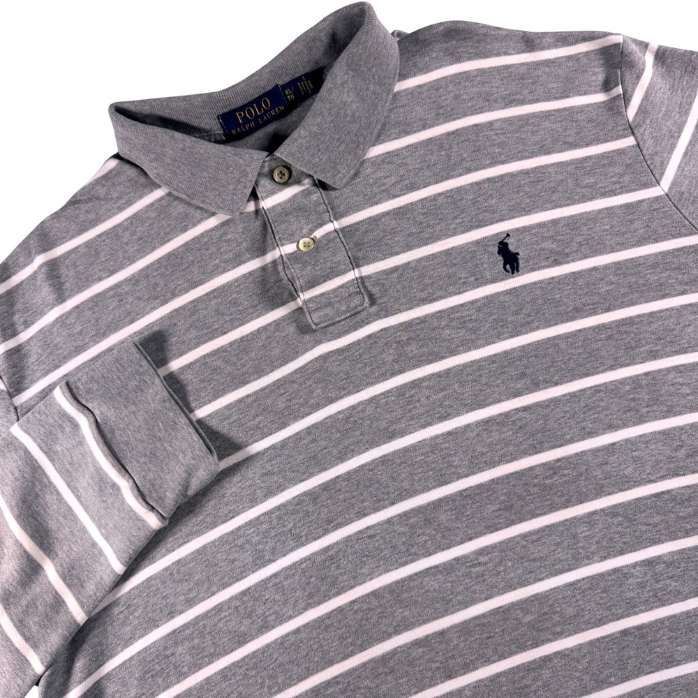 Polo Ralph Lauren Polo Shirt Mens XL Grey White Striped Long Sleeve Preppy
